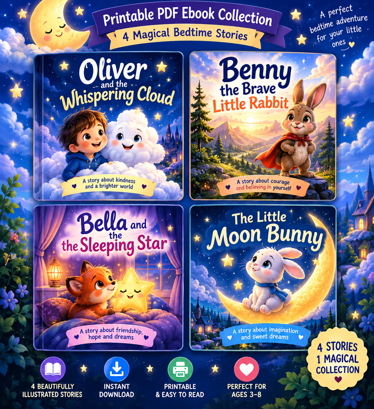 4 Magical Bedtime Stories for Kids Ages 3–8 | Printable PDF Storybook Collection | Instant Download